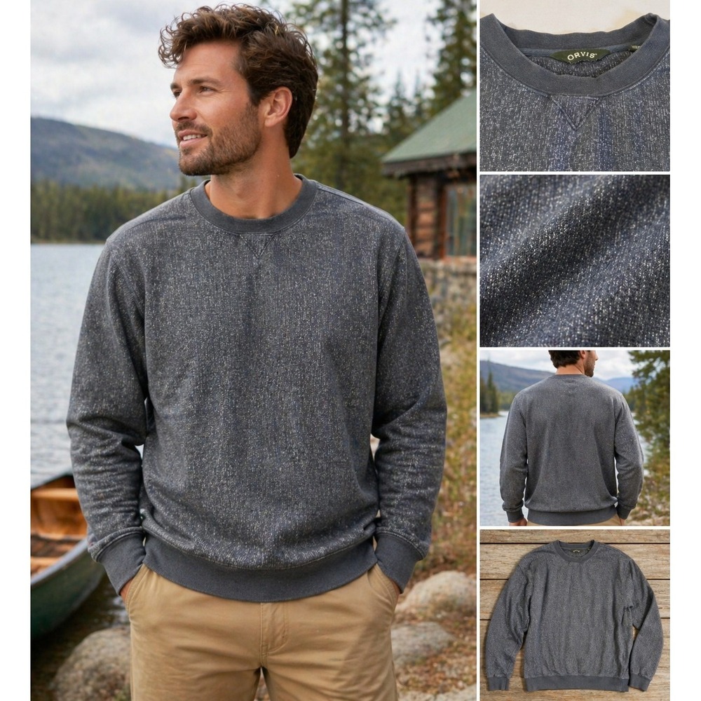 Orvis Gray Textured Crewneck Sweatshirt Men's Medium Cotton Blend Casual Pullove